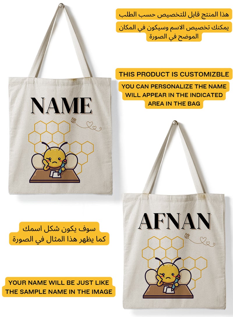 LOWHA Customizable Polyester Tote Bag with Shoulder Straps Personalized with School Student's Name and Student Sitting at School Desk Design Beige  - Image 2