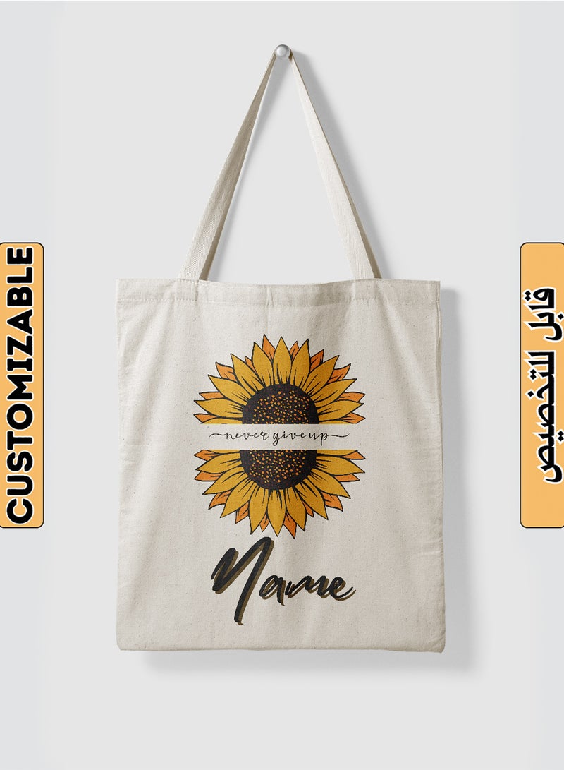 LOWHA Customizable Polyester Tote Bag with Shoulder Straps Personalized with Your Name and Sunflower Design Beige  - Image 1