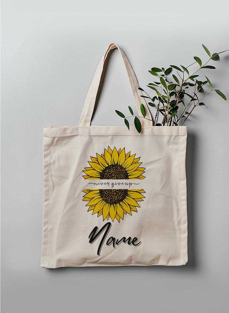 LOWHA Customizable Polyester Tote Bag with Shoulder Straps Personalized with Your Name and Sunflower Design Beige  - Image 3