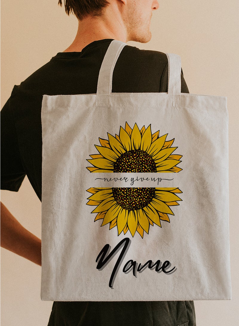 LOWHA Customizable Polyester Tote Bag with Shoulder Straps Personalized with Your Name and Sunflower Design Beige  - Image 5