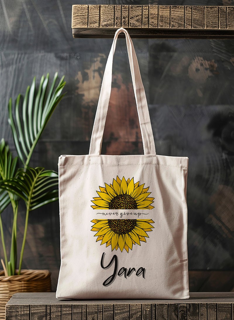 LOWHA Customizable Polyester Tote Bag with Shoulder Straps Personalized with Your Name and Sunflower Design Beige  - Image 4