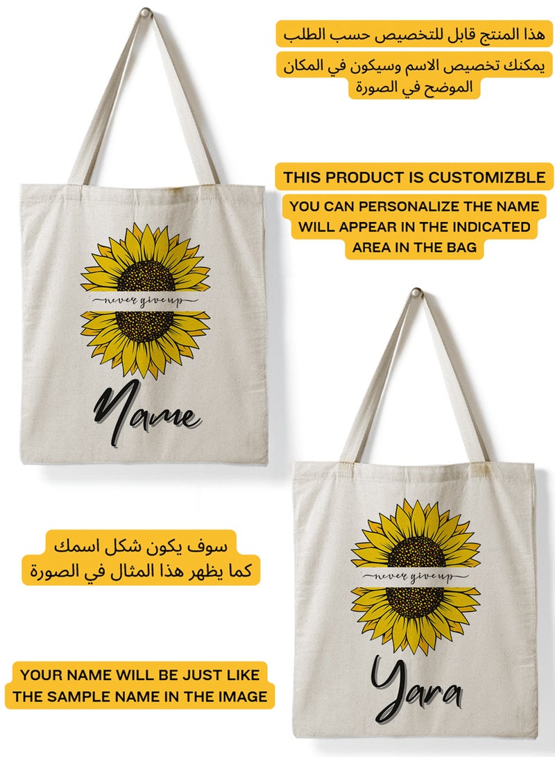 LOWHA Customizable Polyester Tote Bag with Shoulder Straps Personalized with Your Name and Sunflower Design Beige  - Image 2