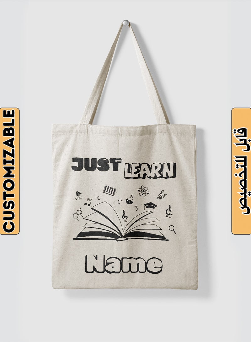 LOWHA Customizable Polyester Tote Bag with Shoulder Straps Personalized with School Student's Name and Learning Design Beige  - Image 1