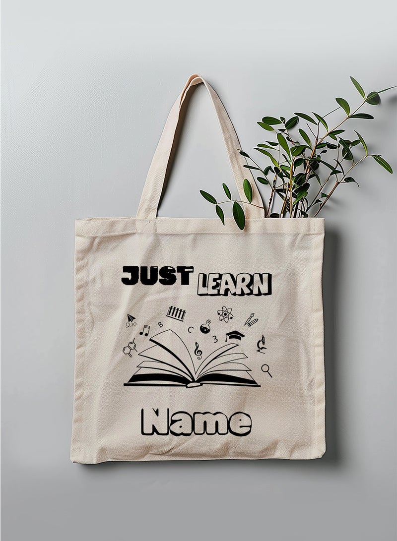 LOWHA Customizable Polyester Tote Bag with Shoulder Straps Personalized with School Student's Name and Learning Design Beige  - Image 3