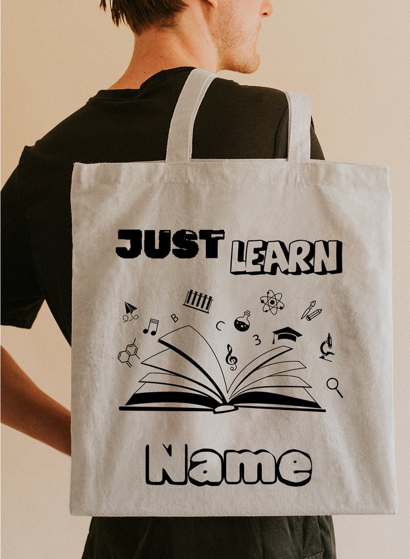 LOWHA Customizable Polyester Tote Bag with Shoulder Straps Personalized with School Student's Name and Learning Design Beige  - Image 5