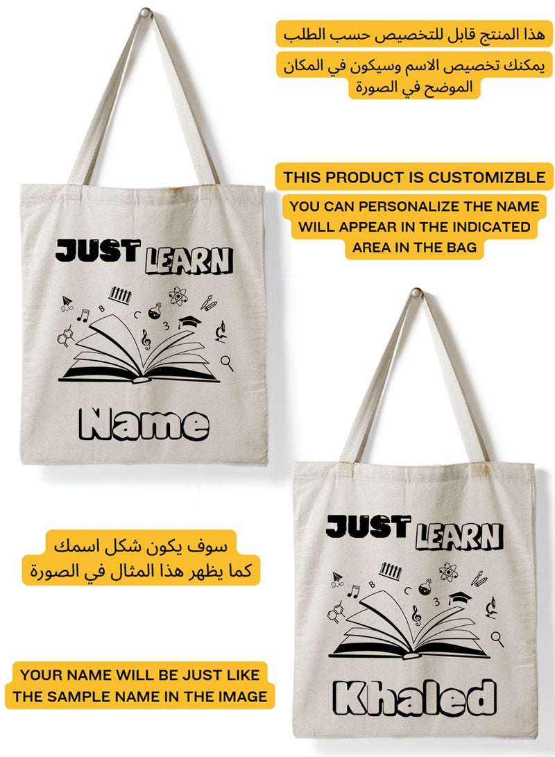 LOWHA Customizable Polyester Tote Bag with Shoulder Straps Personalized with School Student's Name and Learning Design Beige  - Image 2