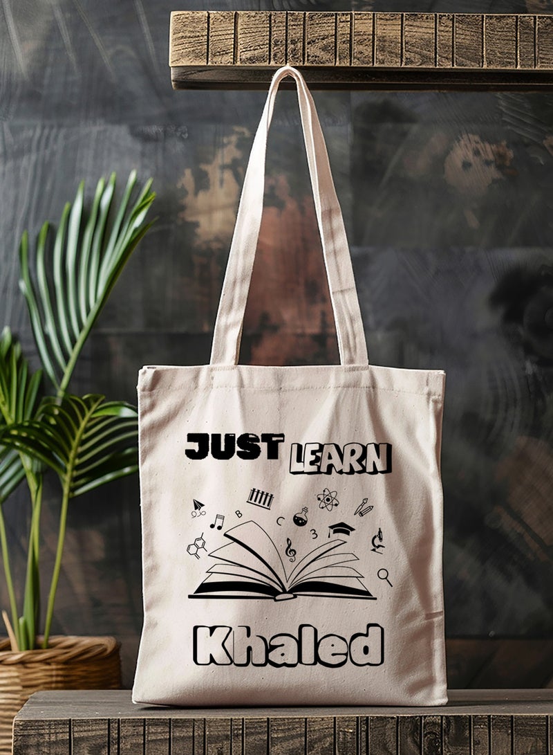 LOWHA Customizable Polyester Tote Bag with Shoulder Straps Personalized with School Student's Name and Learning Design Beige  - Image 4