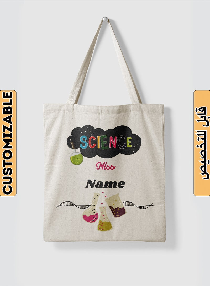 LOWHA Customizable Polyester Tote Bag with Shoulder Straps Personalized with Science Teacher's Name and Lab Tools Design Beige  - Image 1