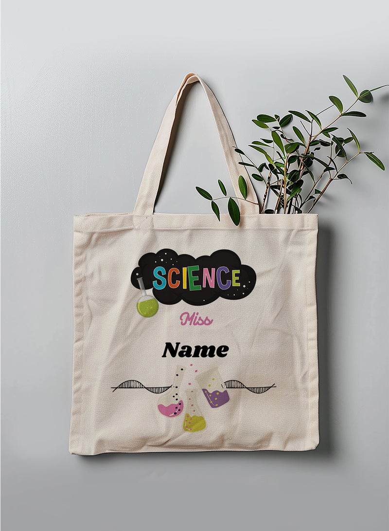 LOWHA Customizable Polyester Tote Bag with Shoulder Straps Personalized with Science Teacher's Name and Lab Tools Design Beige  - Image 3