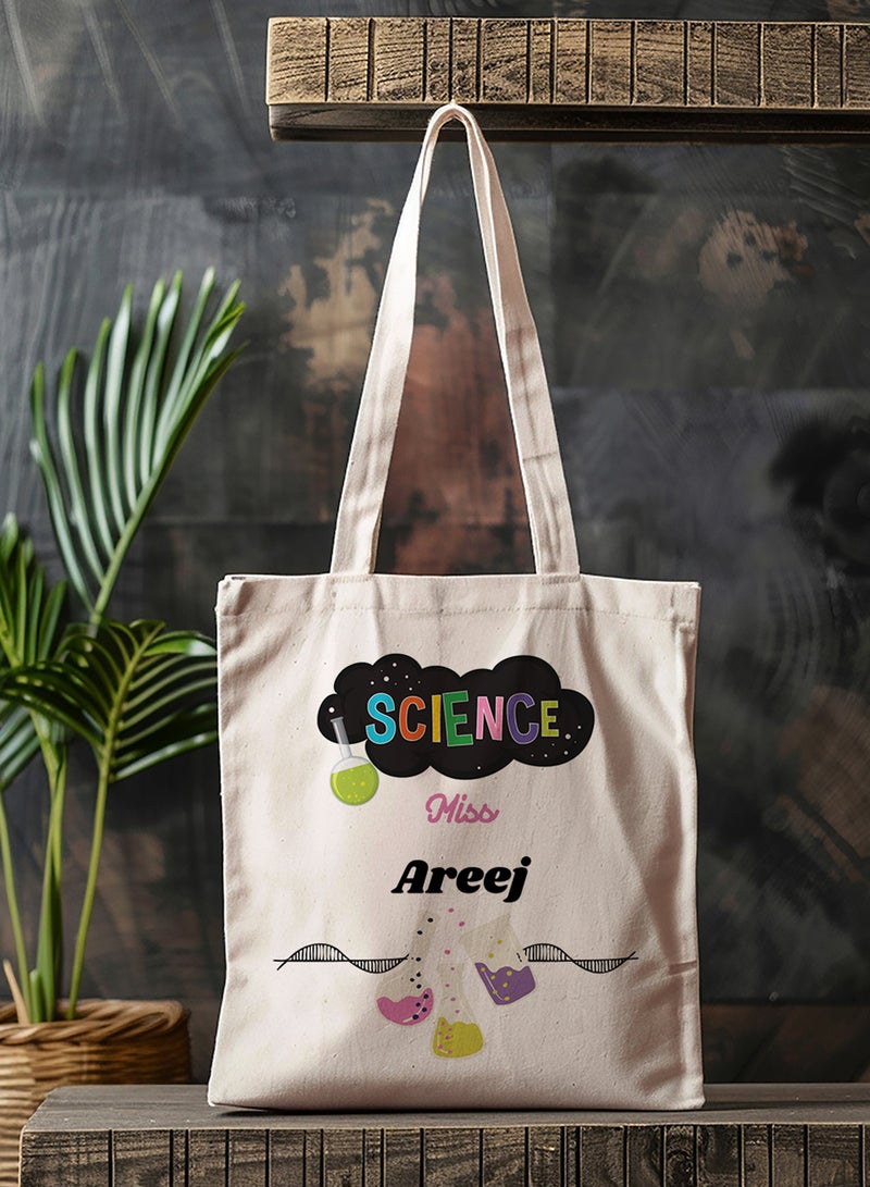 LOWHA Customizable Polyester Tote Bag with Shoulder Straps Personalized with Science Teacher's Name and Lab Tools Design Beige  - Image 4