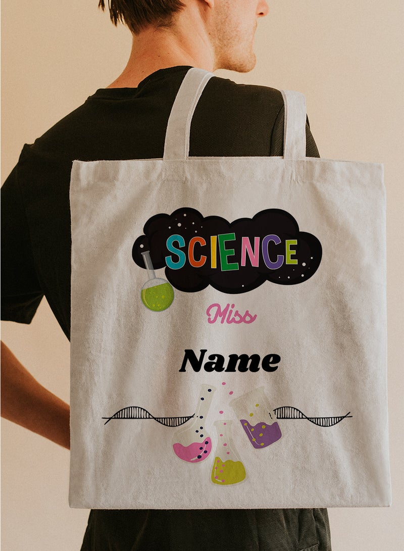 LOWHA Customizable Polyester Tote Bag with Shoulder Straps Personalized with Science Teacher's Name and Lab Tools Design Beige  - Image 5