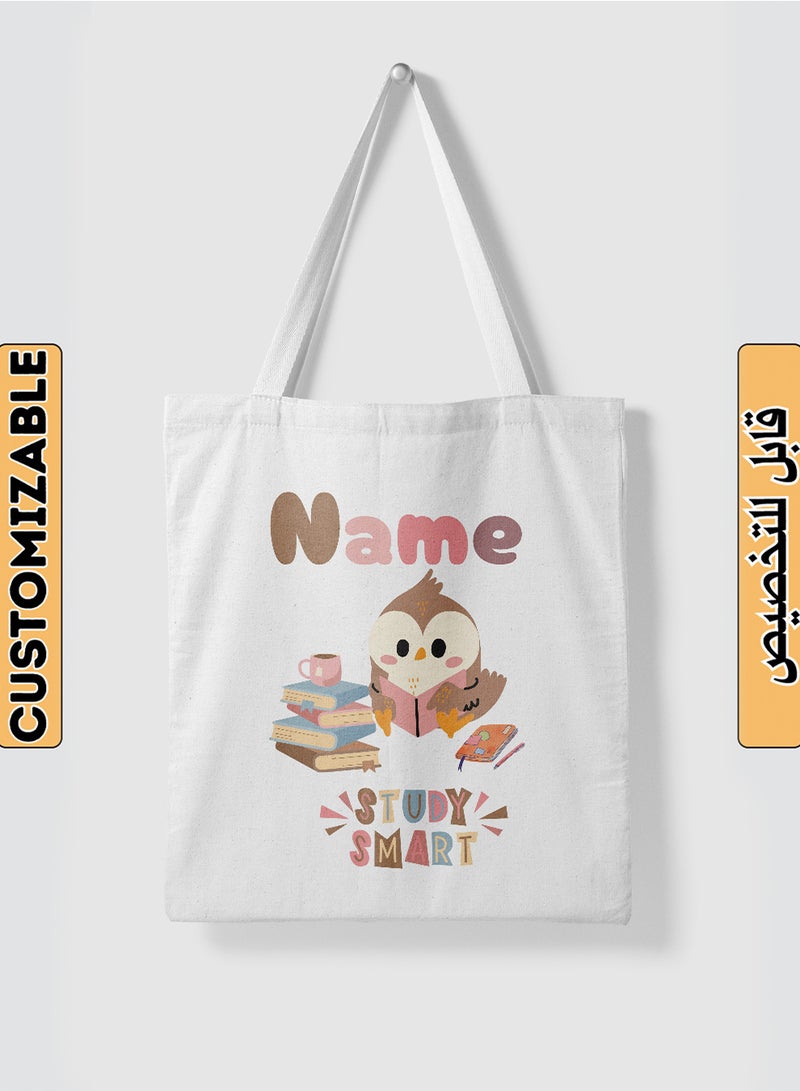 LOWHA Customizable Polyester Tote Bag with Shoulder Straps Personalized with Student's Name and Books with Study Smart Quote White  - Image 1