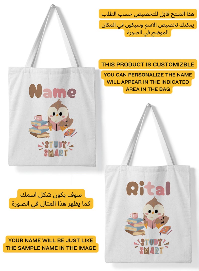 LOWHA Customizable Polyester Tote Bag with Shoulder Straps Personalized with Student's Name and Books with Study Smart Quote White  - Image 2