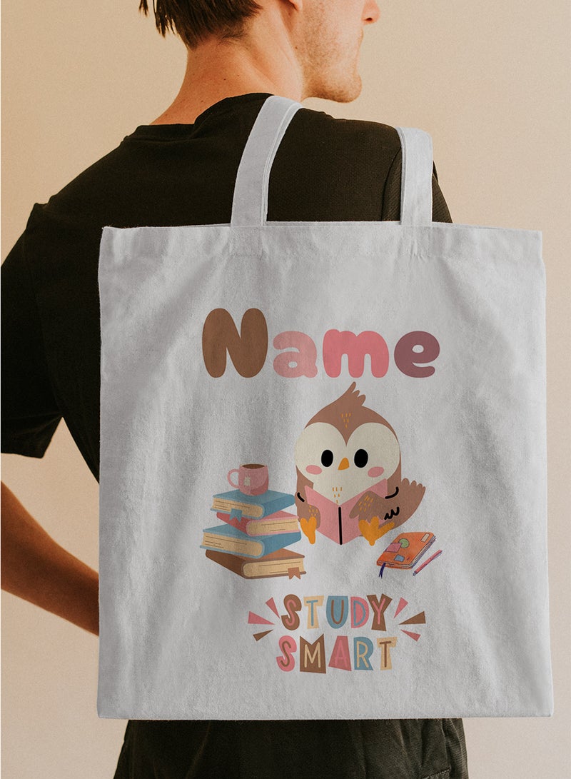 LOWHA Customizable Polyester Tote Bag with Shoulder Straps Personalized with Student's Name and Books with Study Smart Quote White  - Image 5
