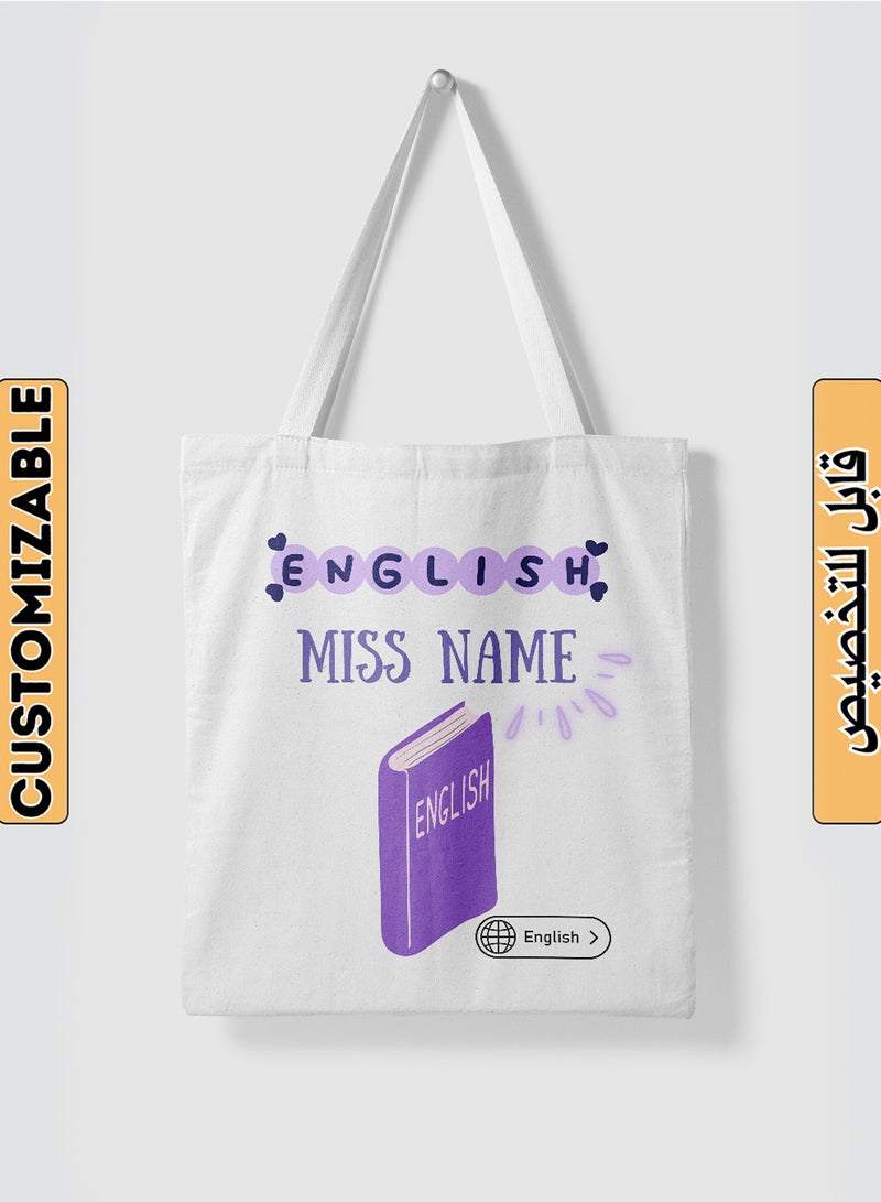 LOWHA Customizable Polyester Tote Bag with Shoulder Straps Personalized with English Teacher's Name in Purple Design White  - Image 1