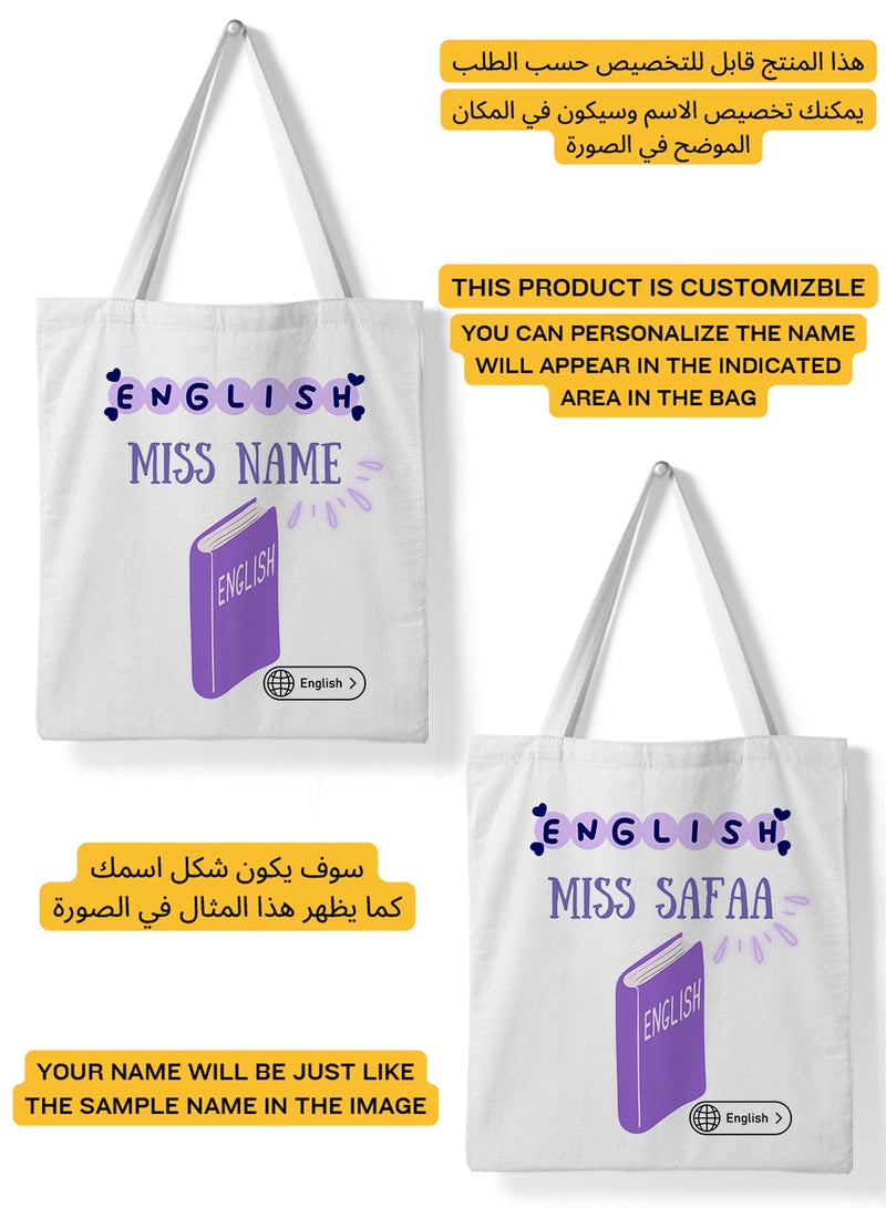 LOWHA Customizable Polyester Tote Bag with Shoulder Straps Personalized with English Teacher's Name in Purple Design White  - Image 2