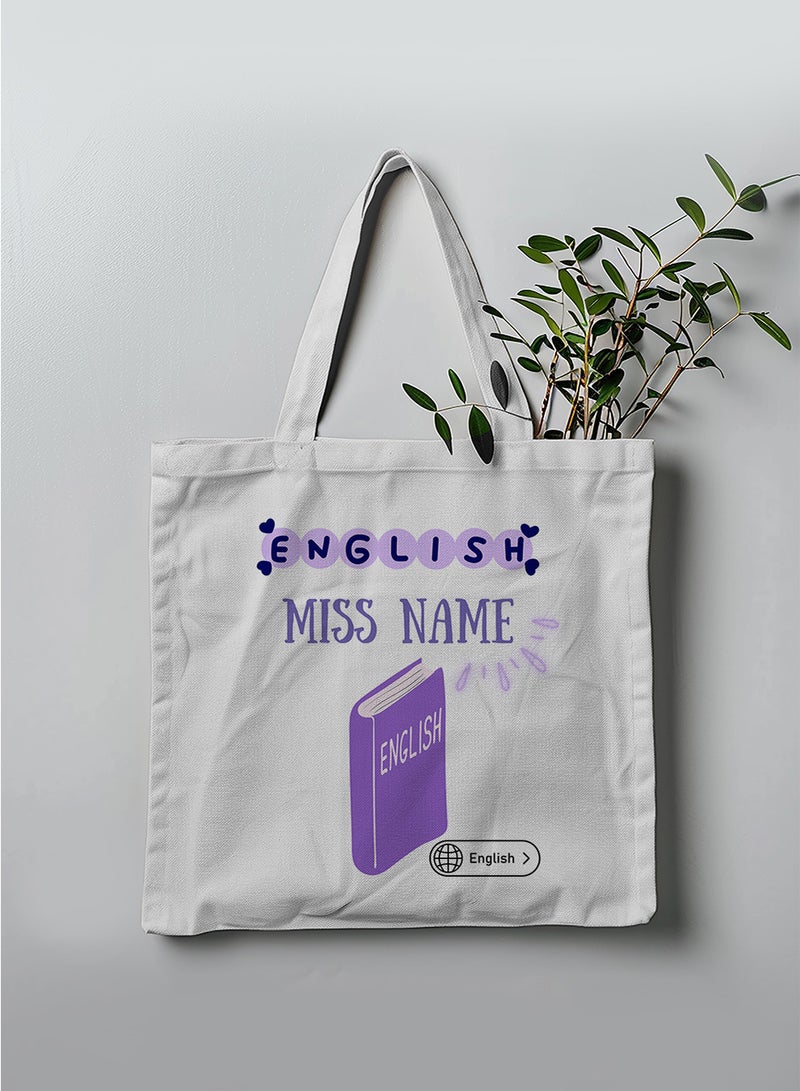 LOWHA Customizable Polyester Tote Bag with Shoulder Straps Personalized with English Teacher's Name in Purple Design White  - Image 3