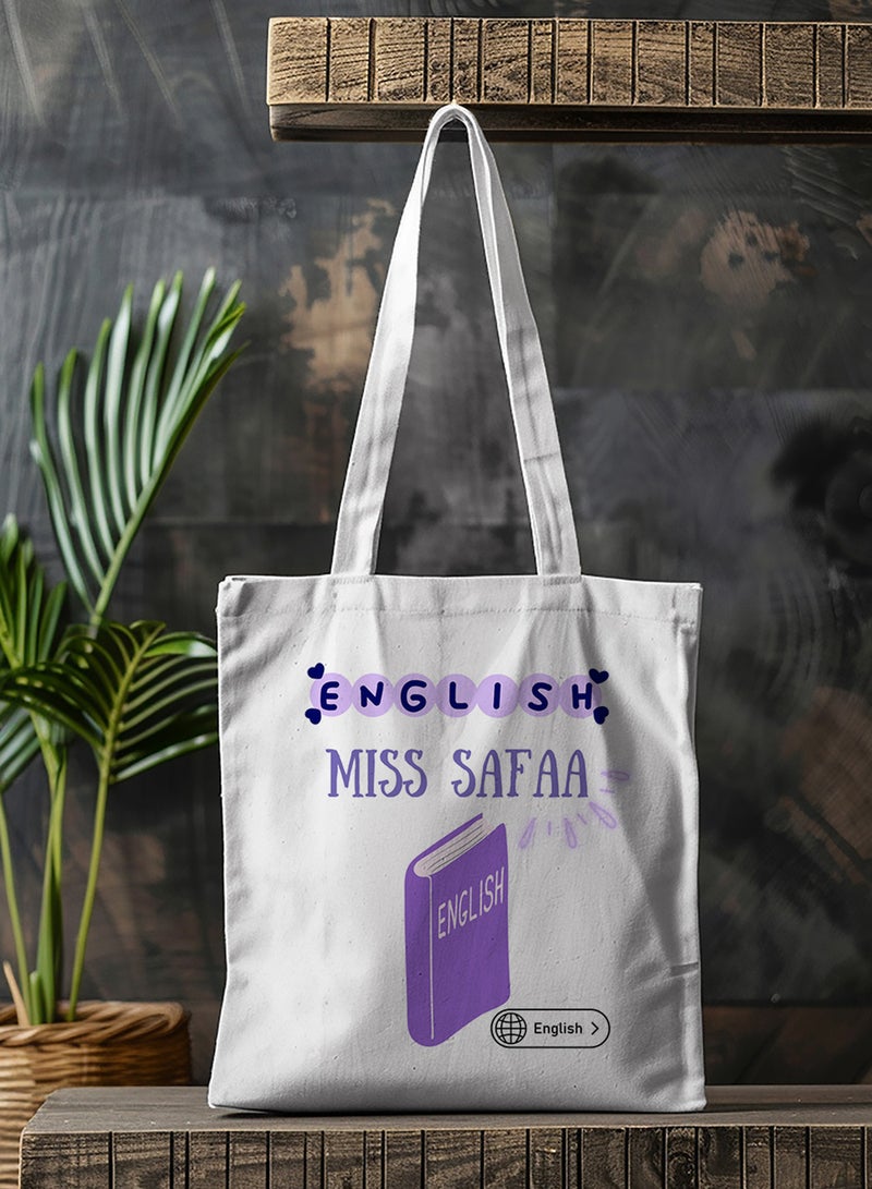 LOWHA Customizable Polyester Tote Bag with Shoulder Straps Personalized with English Teacher's Name in Purple Design White  - Image 4