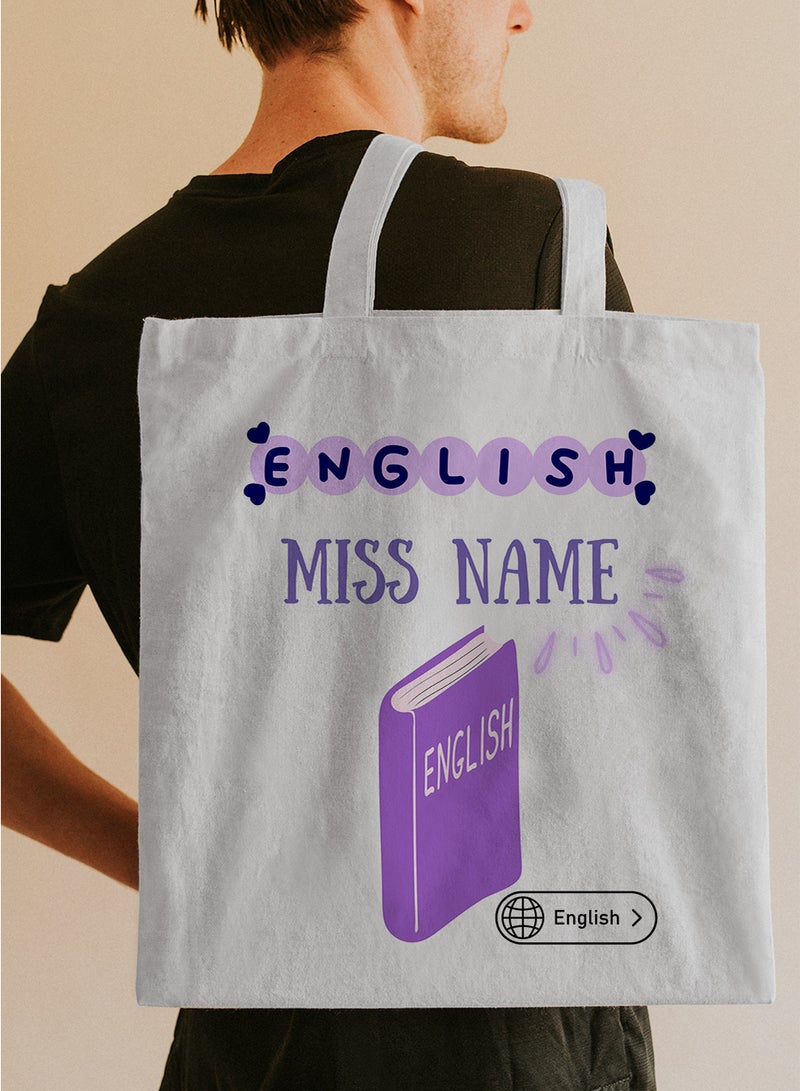 LOWHA Customizable Polyester Tote Bag with Shoulder Straps Personalized with English Teacher's Name in Purple Design White  - Image 5