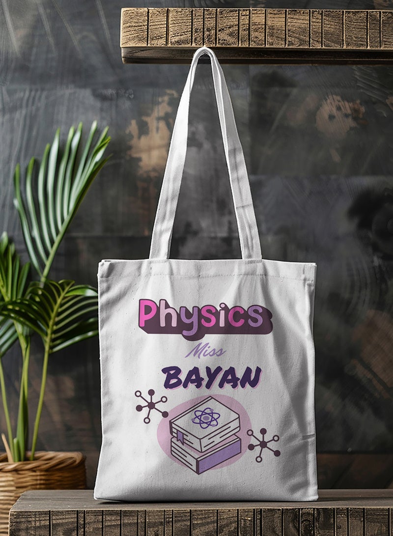 LOWHA Customizable Polyester Tote Bag with Shoulder Straps Personalized with Physics Teacher's Name and Books Design White  - Image 4