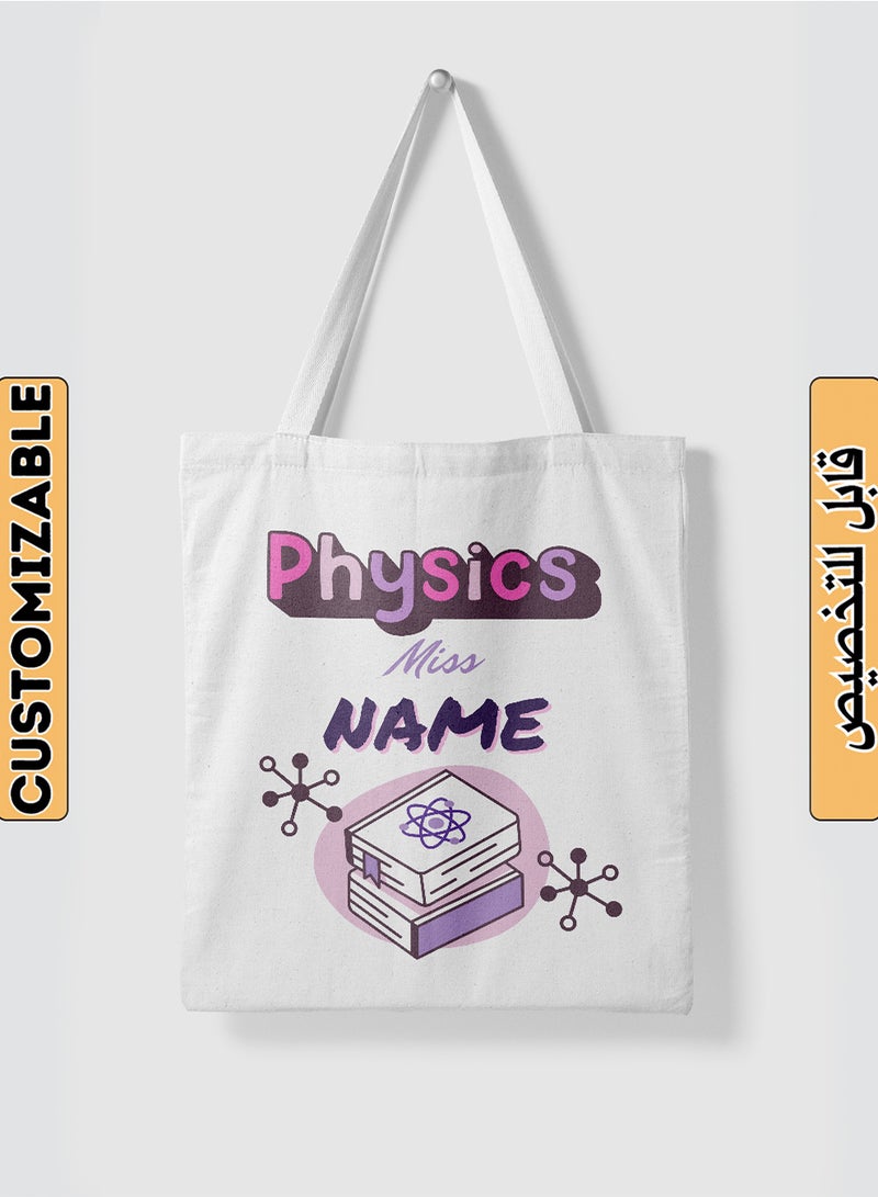 LOWHA Customizable Polyester Tote Bag with Shoulder Straps Personalized with Physics Teacher's Name and Books Design White  - Image 1