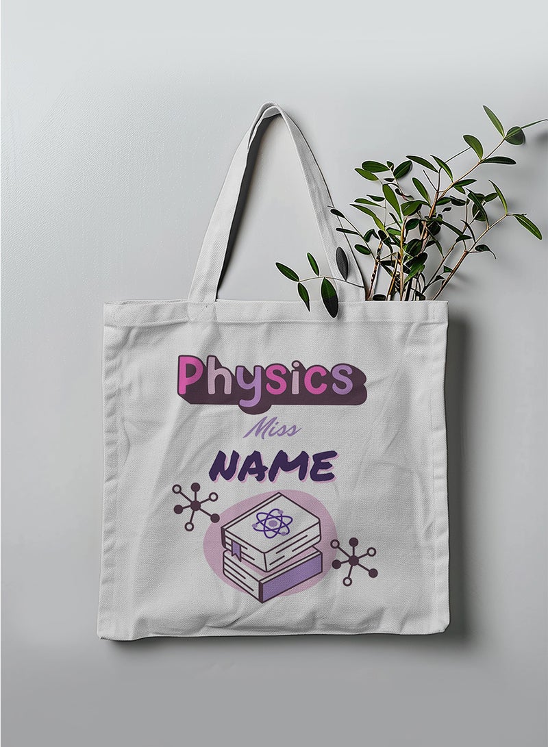 LOWHA Customizable Polyester Tote Bag with Shoulder Straps Personalized with Physics Teacher's Name and Books Design White  - Image 3