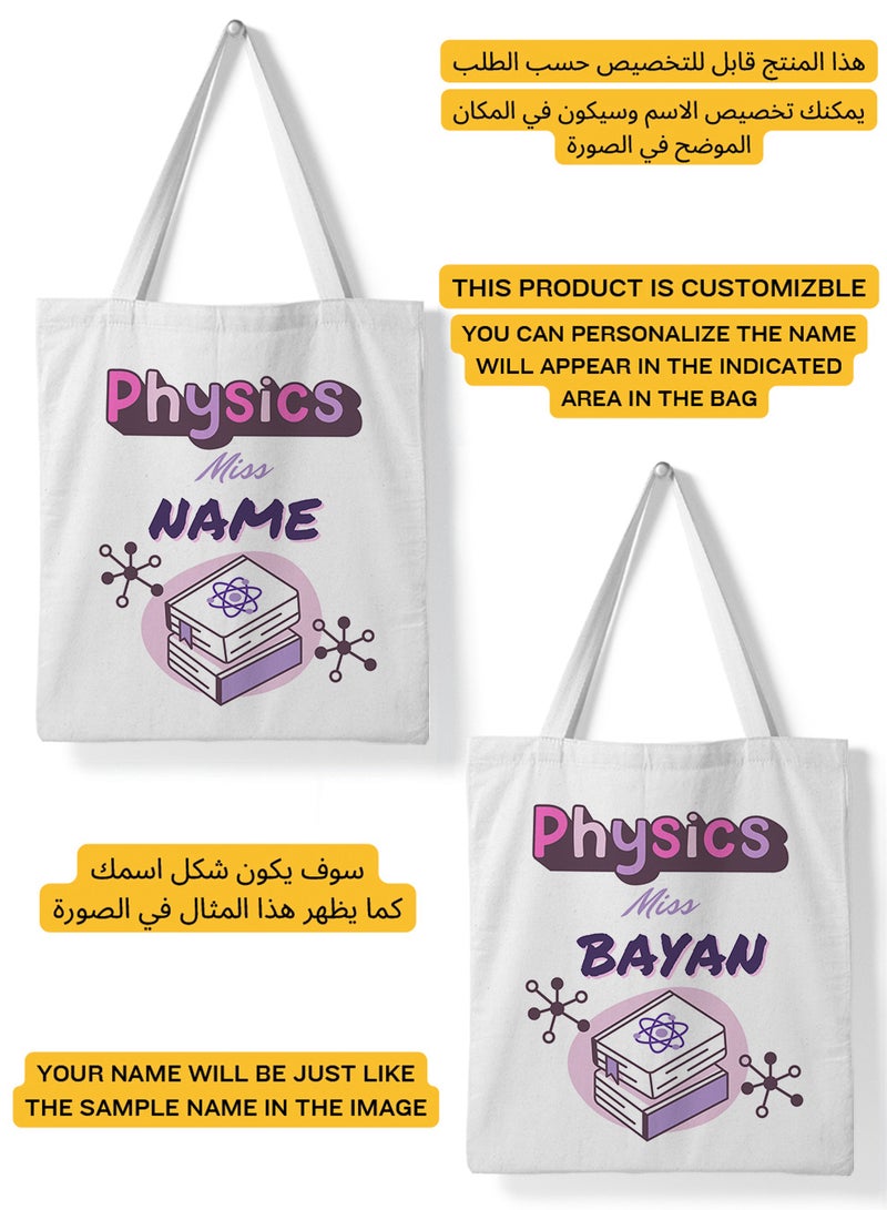 LOWHA Customizable Polyester Tote Bag with Shoulder Straps Personalized with Physics Teacher's Name and Books Design White  - Image 2