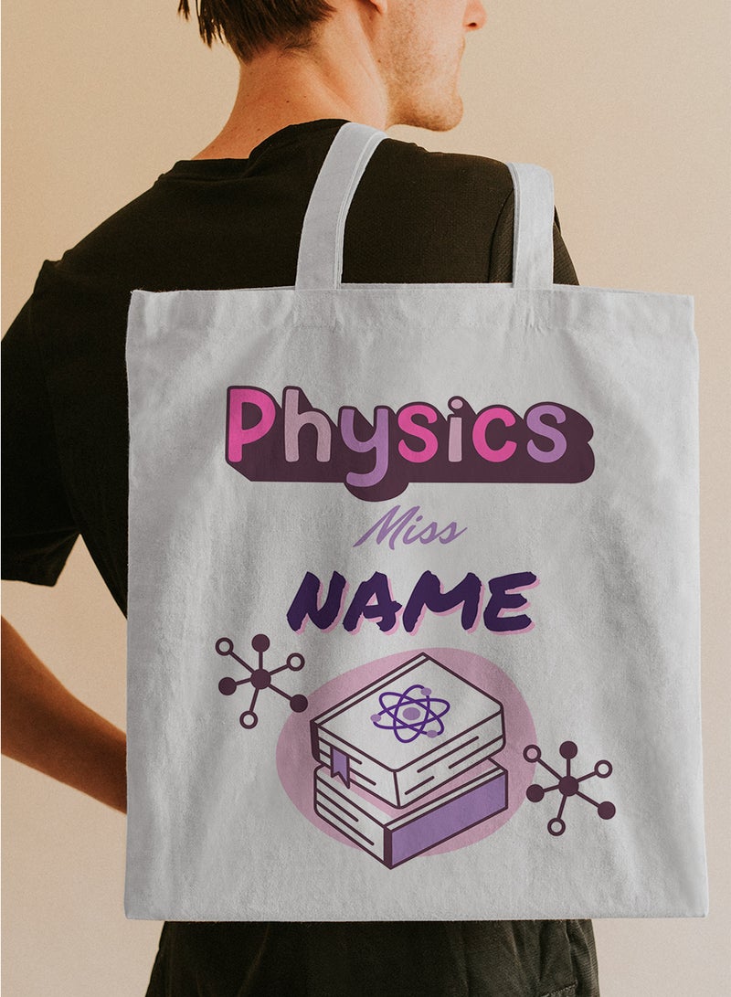 LOWHA Customizable Polyester Tote Bag with Shoulder Straps Personalized with Physics Teacher's Name and Books Design White  - Image 5