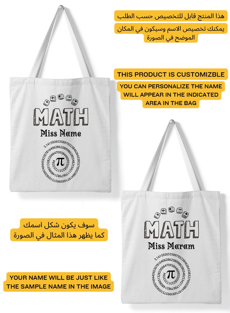 LOWHA Customizable Polyester Tote Bag with Shoulder Straps Personalized with Math Teacher's Name and Mathematical Signs Design White  - Image 2