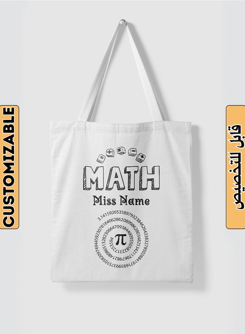 LOWHA Customizable Polyester Tote Bag with Shoulder Straps Personalized with Math Teacher's Name and Mathematical Signs Design White  - Image 1