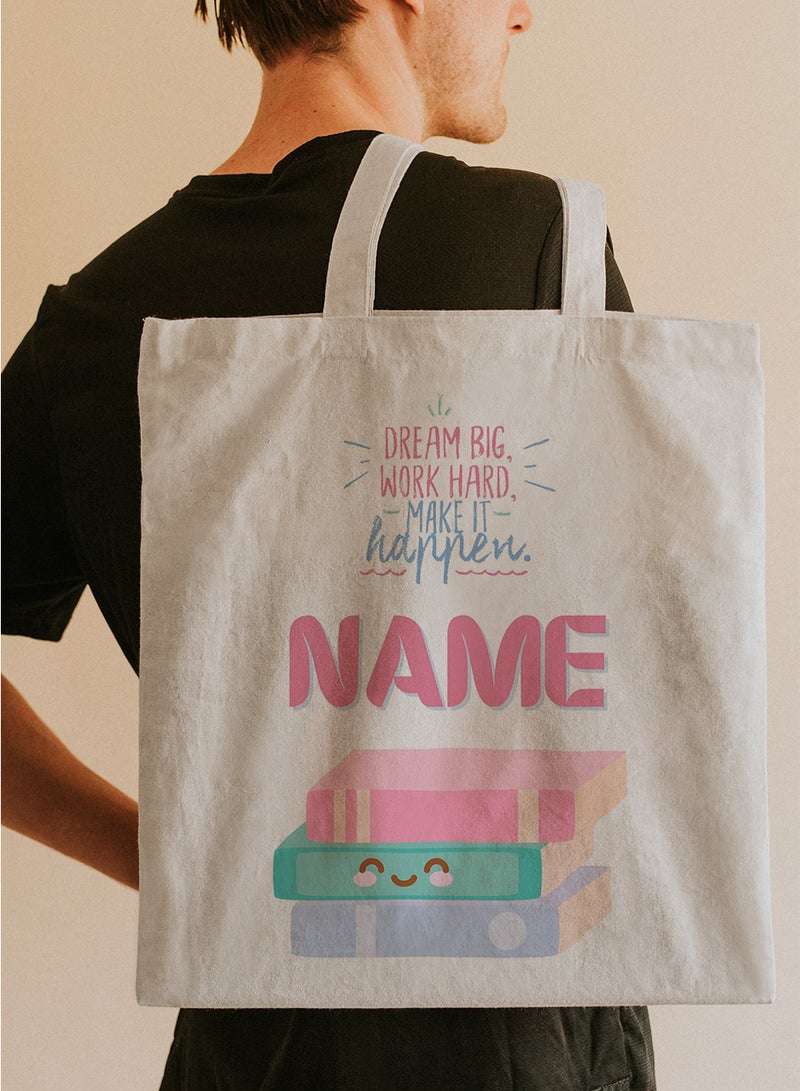 LOWHA Customizable Polyester Tote Bag with Shoulder Straps Personalized with School Student's Name and Dream Big Work Hard Quote Beige  - Image 5