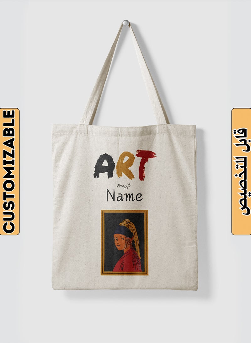 LOWHA Customizable Polyester Tote Bag with Shoulder Straps Personalized with Teacher's Name and Art Design Beige  - Image 1