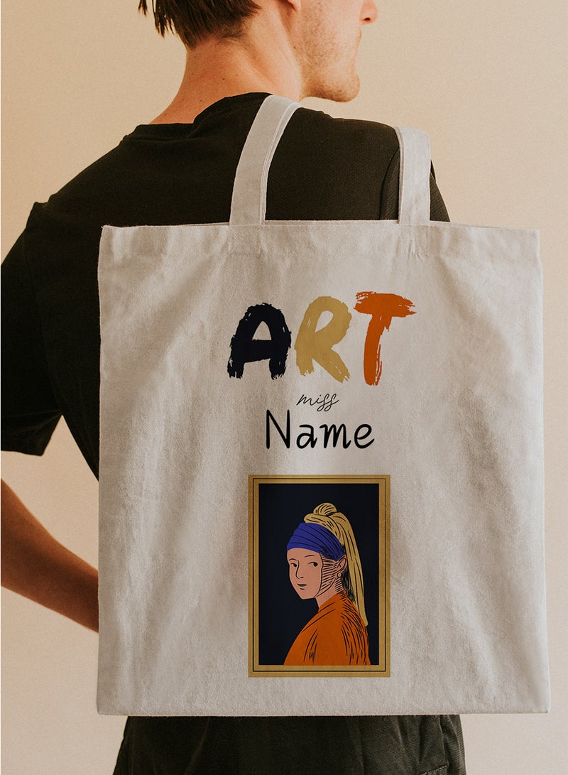 LOWHA Customizable Polyester Tote Bag with Shoulder Straps Personalized with Teacher's Name and Art Design Beige  - Image 5