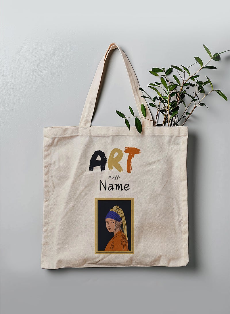 LOWHA Customizable Polyester Tote Bag with Shoulder Straps Personalized with Teacher's Name and Art Design Beige  - Image 3