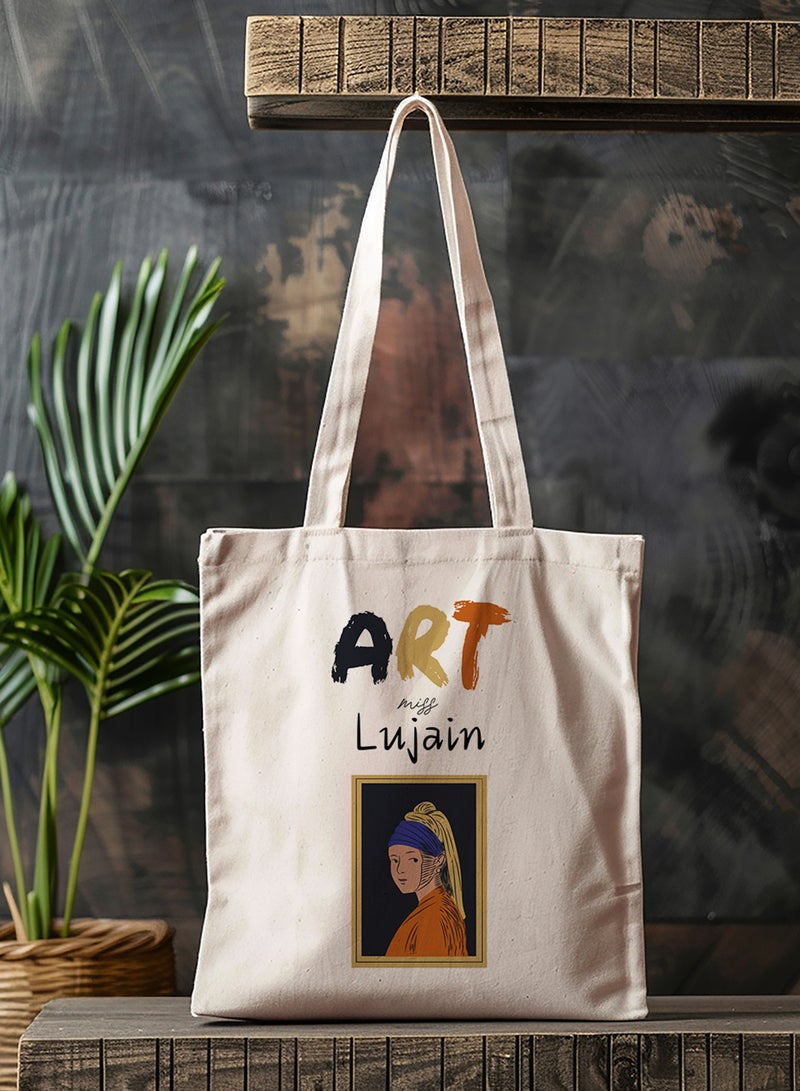 LOWHA Customizable Polyester Tote Bag with Shoulder Straps Personalized with Teacher's Name and Art Design Beige  - Image 4
