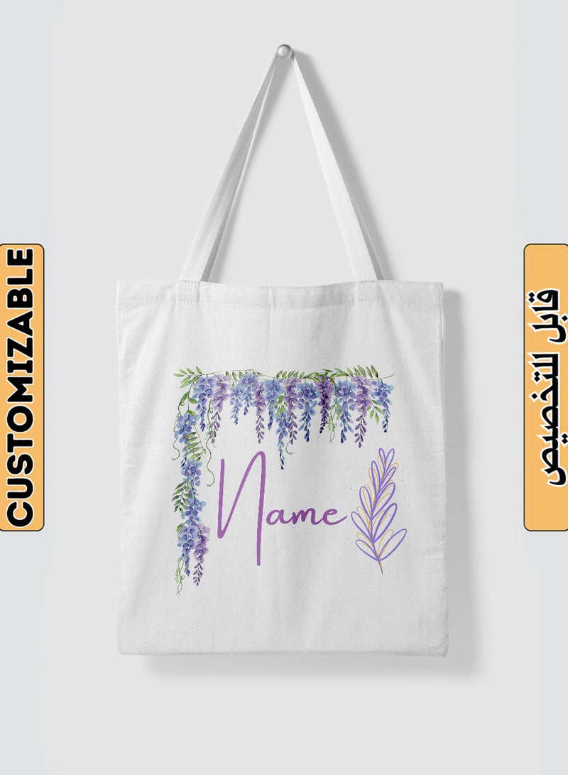 LOWHA Customizable Polyester Tote Bag with Shoulder Straps Personalized with Your Name and Plant Leaves Design White  - Image 1