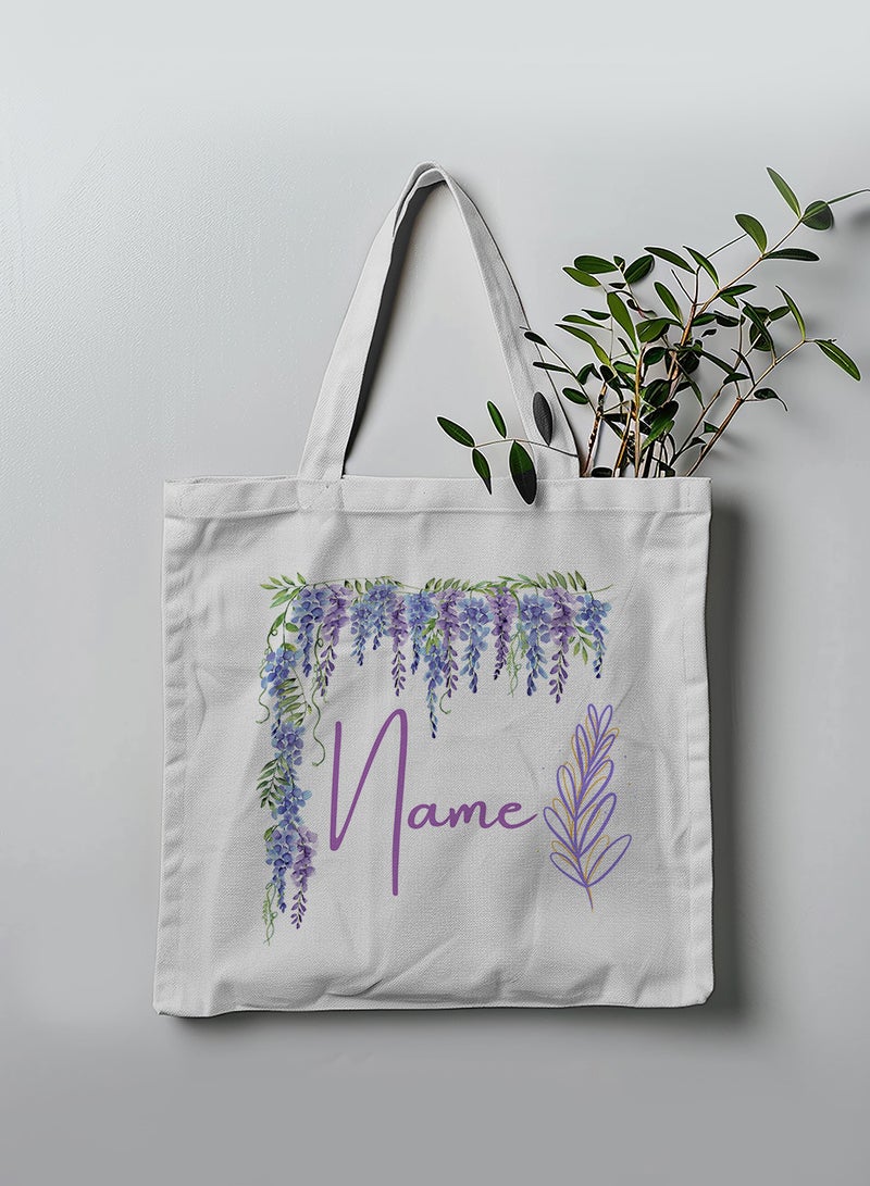LOWHA Customizable Polyester Tote Bag with Shoulder Straps Personalized with Your Name and Plant Leaves Design White  - Image 3