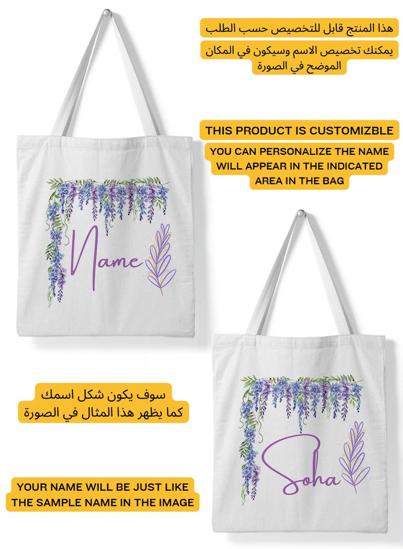 LOWHA Customizable Polyester Tote Bag with Shoulder Straps Personalized with Your Name and Plant Leaves Design White  - Image 2