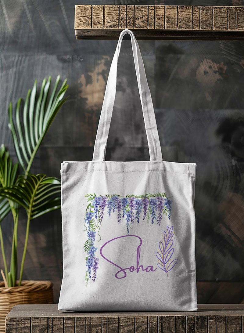 LOWHA Customizable Polyester Tote Bag with Shoulder Straps Personalized with Your Name and Plant Leaves Design White  - Image 4