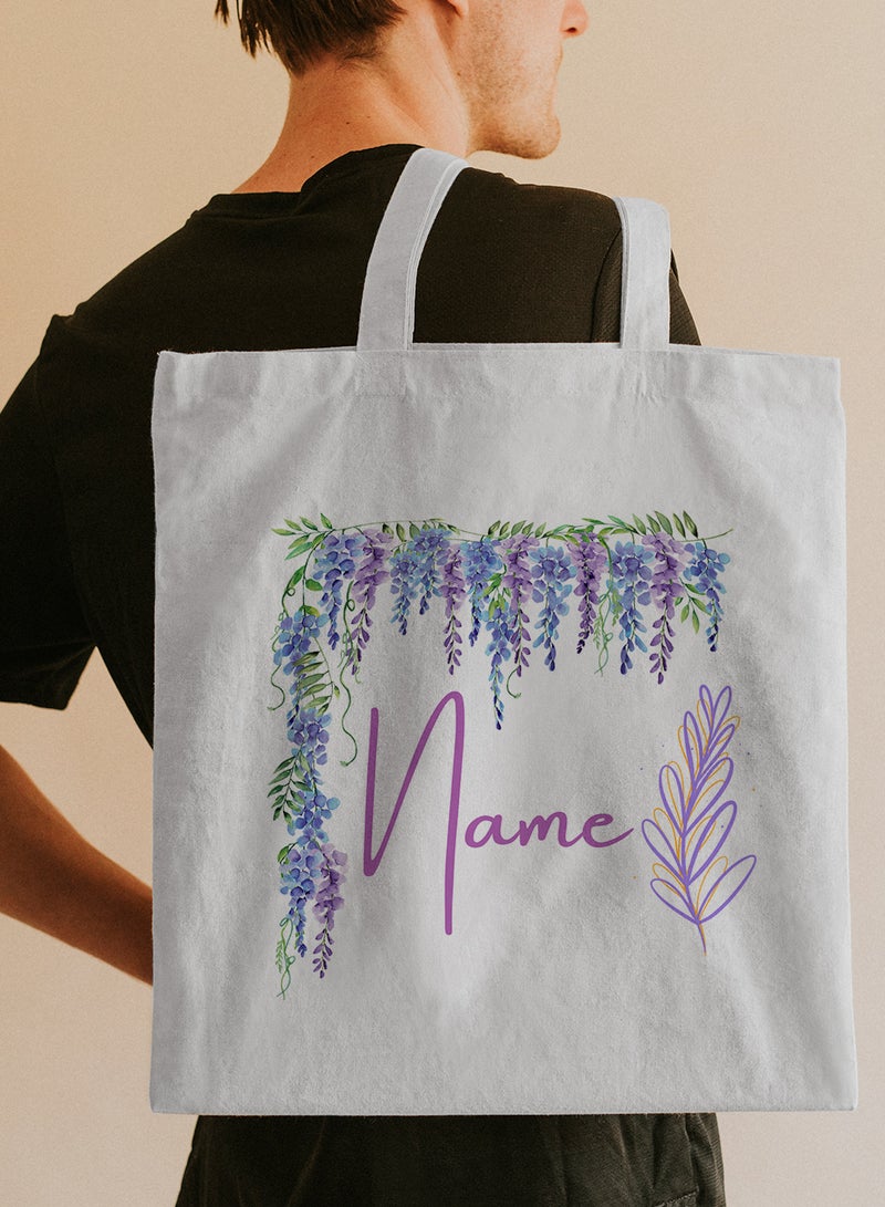 LOWHA Customizable Polyester Tote Bag with Shoulder Straps Personalized with Your Name and Plant Leaves Design White  - Image 5