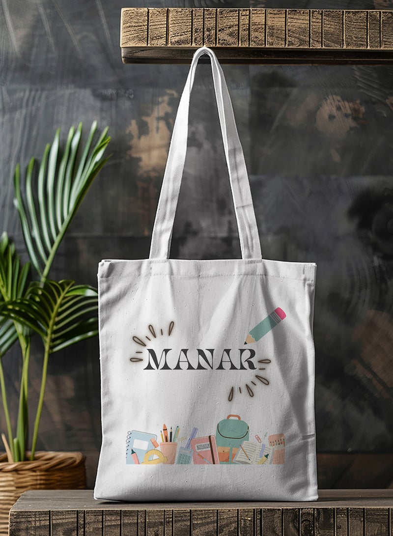 LOWHA Customizable Polyester Tote Bag with Shoulder Straps Personalized with Student's Name and School Supplies Design White  - Image 4