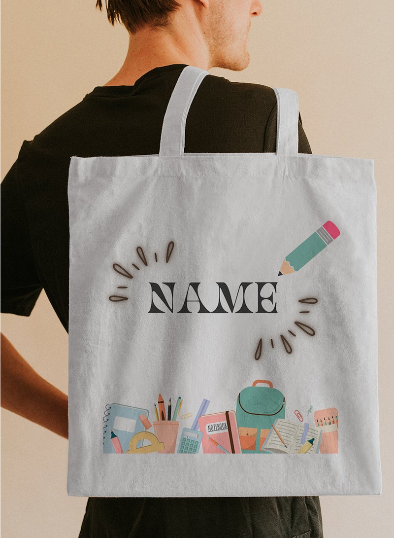 LOWHA Customizable Polyester Tote Bag with Shoulder Straps Personalized with Student's Name and School Supplies Design White  - Image 5