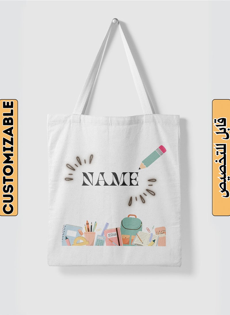 LOWHA Customizable Polyester Tote Bag with Shoulder Straps Personalized with Student's Name and School Supplies Design White  - Image 1