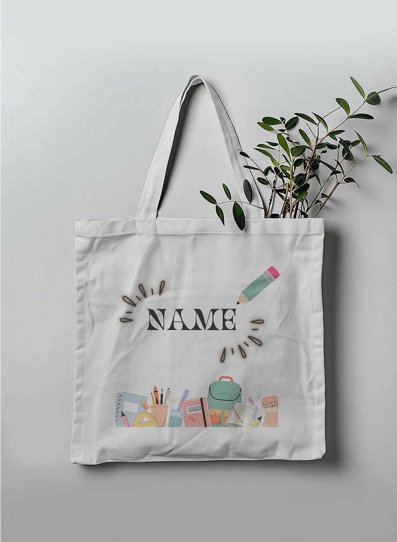 LOWHA Customizable Polyester Tote Bag with Shoulder Straps Personalized with Student's Name and School Supplies Design White  - Image 3