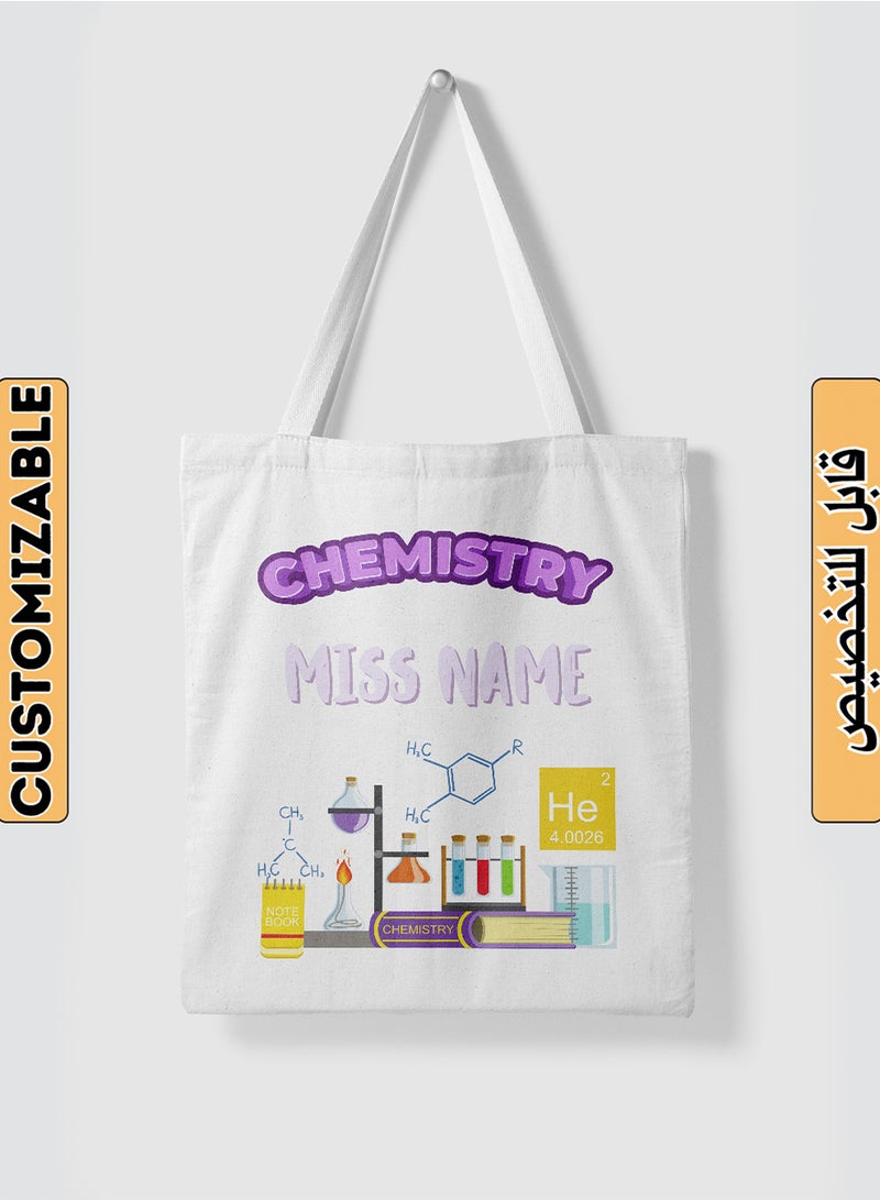 LOWHA Customizable Polyester Tote Bag with Shoulder Straps Personalized with Chemistry Teacher's Name and Chemical Lab Design White  - Image 1