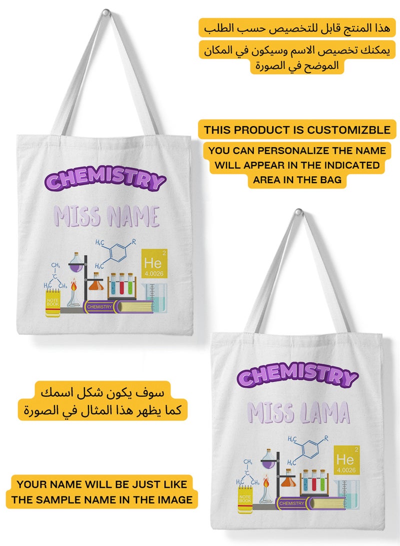LOWHA Customizable Polyester Tote Bag with Shoulder Straps Personalized with Chemistry Teacher's Name and Chemical Lab Design White  - Image 2