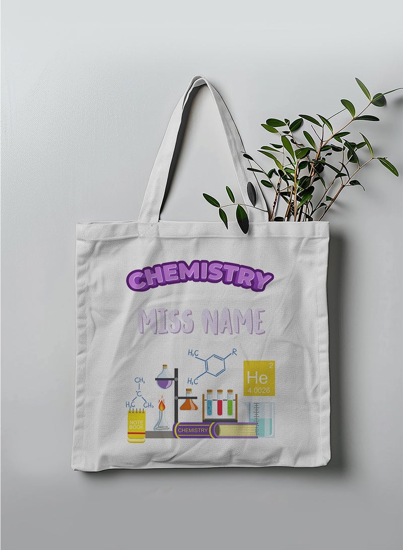 LOWHA Customizable Polyester Tote Bag with Shoulder Straps Personalized with Chemistry Teacher's Name and Chemical Lab Design White  - Image 3