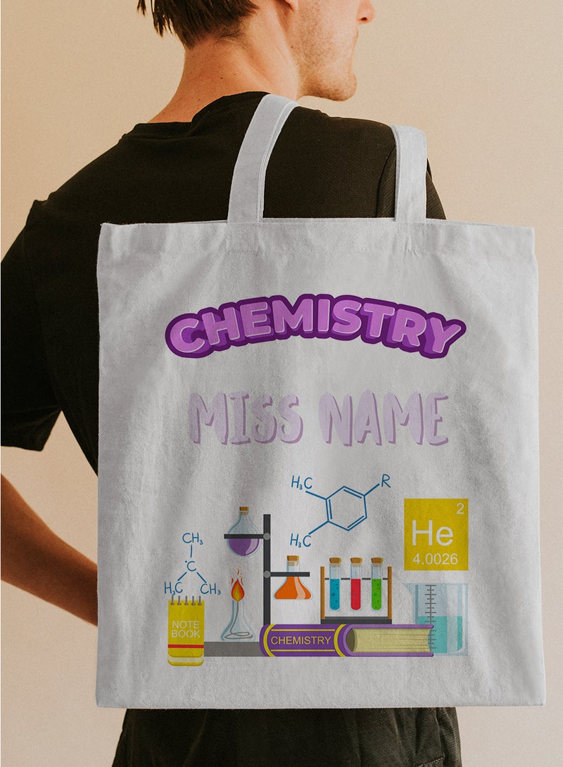 LOWHA Customizable Polyester Tote Bag with Shoulder Straps Personalized with Chemistry Teacher's Name and Chemical Lab Design White  - Image 5