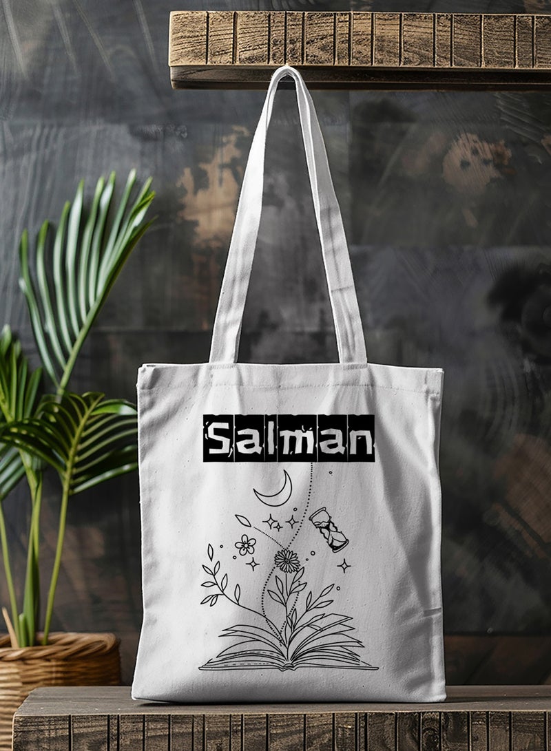LOWHA Customizable Polyester Tote Bag with Shoulder Straps Personalized with School Student's Name and Flourishing Book Design White  - Image 4