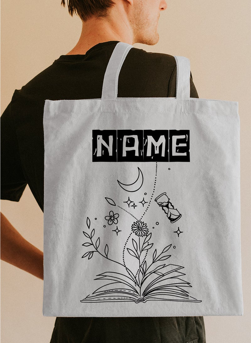 LOWHA Customizable Polyester Tote Bag with Shoulder Straps Personalized with School Student's Name and Flourishing Book Design White  - Image 5